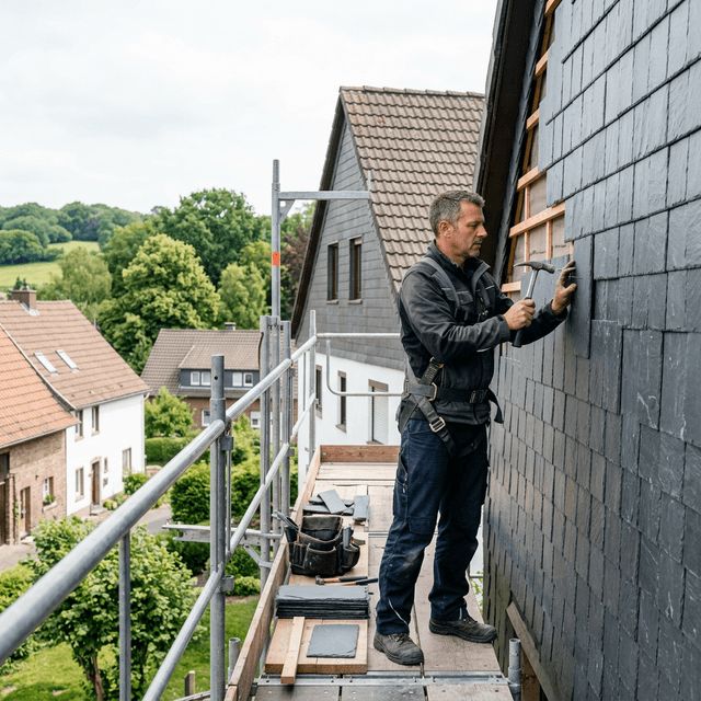 Aachener Handwerker verlegt eine moderne Schieferfassade