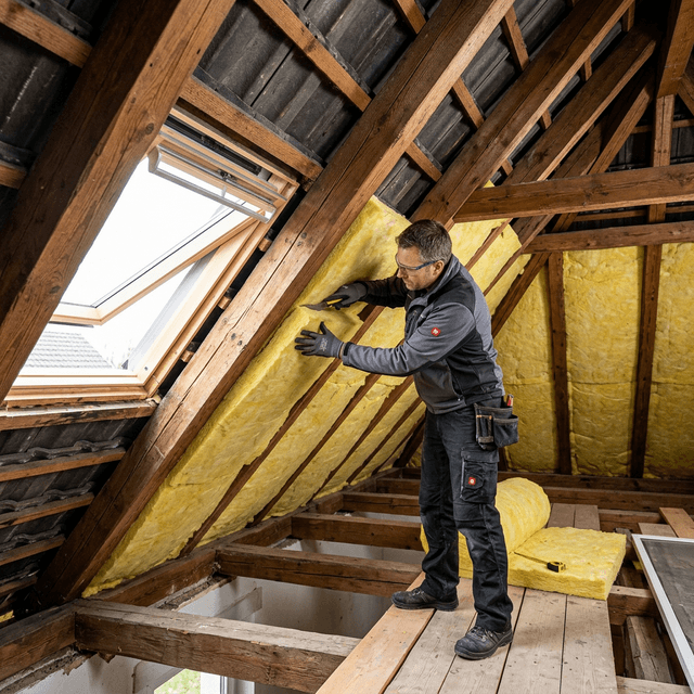 Handwerker beim Dachausbau und Isolierung eines Steildachs in Aachen
