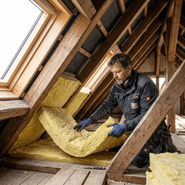 Aachener Handwerker verlegt moderne Zwischensparrendämmung im Dachstuhl